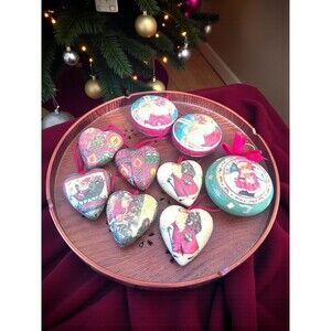 Vtg Lot Of 9 Heart & Round Shaped Paper Mache Ornament Made In Taiwan & China